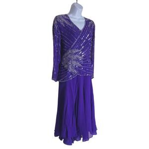 Vintage NiteLine Sequin Beaded Dress Size 14 100% Silk Long Sleeve 80s 90 Purple